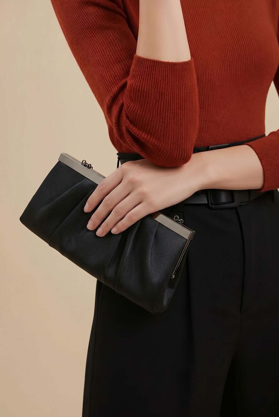 Black Satin Evening Clutch With Silver Chain Strap and Kiss Lock Frame